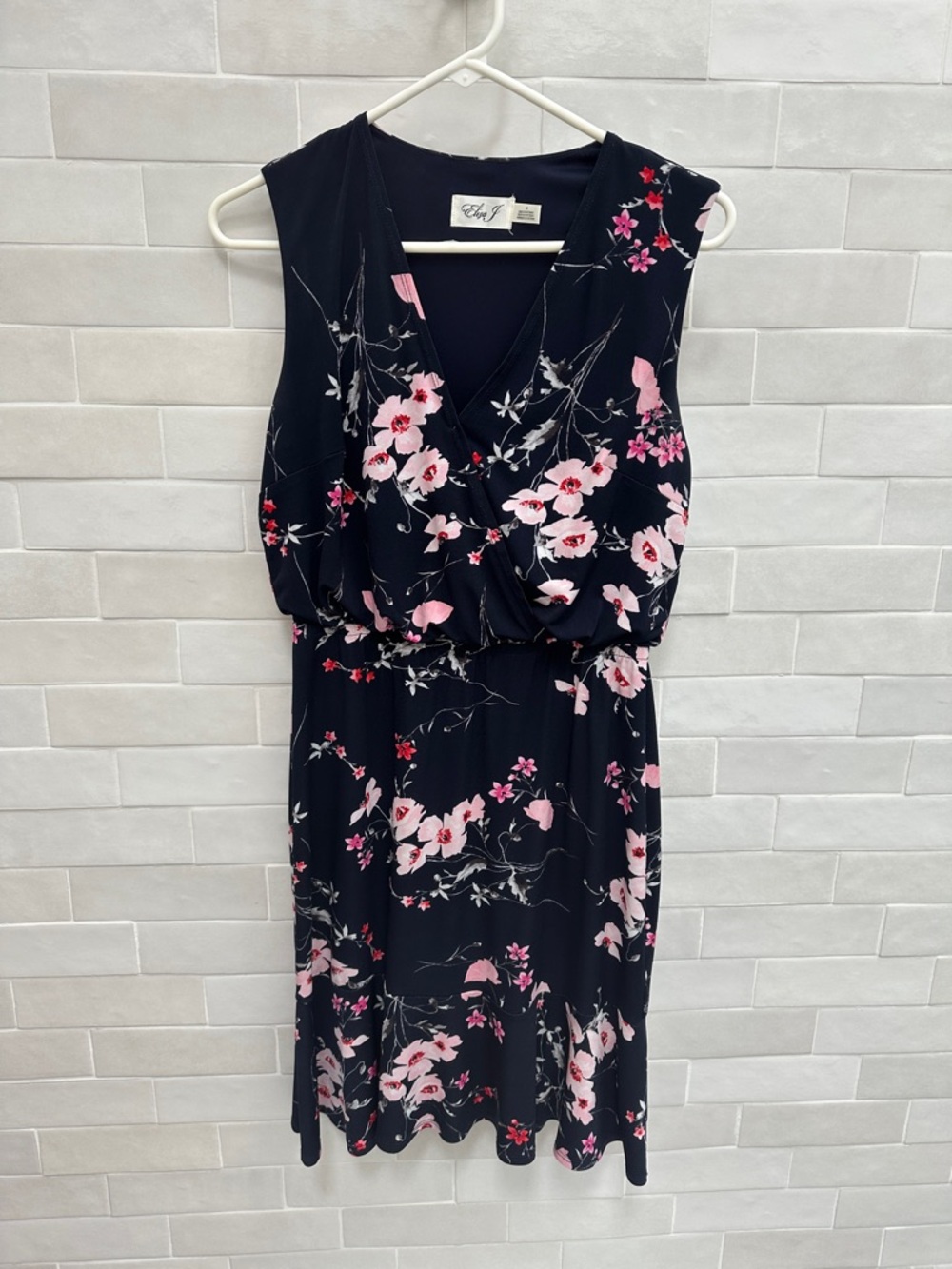 Eliza J Dark Blue Sleeveless Midi Dress with Pink Floral Print